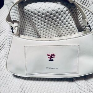 New BCBG White Satchel Bag zipper closure silver hardware medium size bag